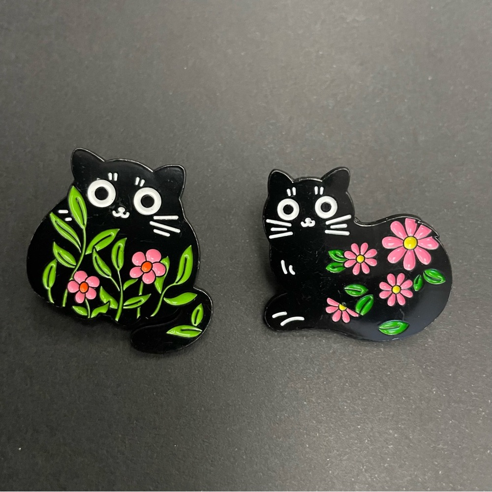 Pair of Black Cat and Pink Floral Metal Enamel Backpack Pins